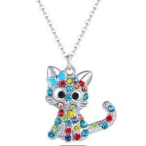 NEW Silver colorful Rhinestone Kitty Cat Pendant Necklace